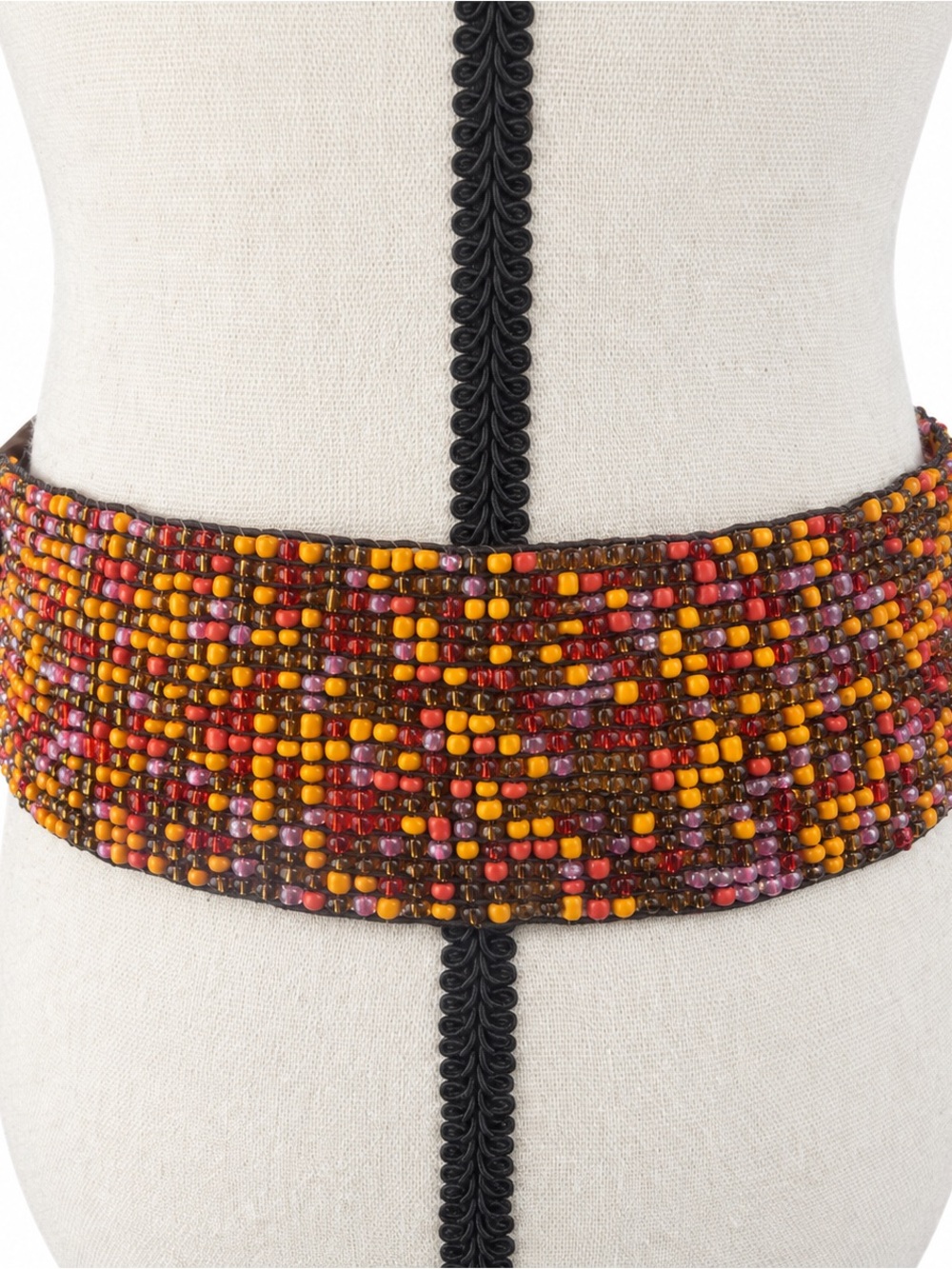 Vintage Handmade Multicolor Beaded Belt With Carved Wood Buckle 34” - Picture 3 of 7